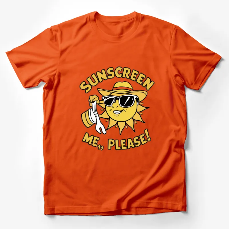 Sunscreen Me Please T-Shirt, Fun Summer Sun Graphic Tee, Cool Beachwear, Yellow Sun Design Male T-Shirt