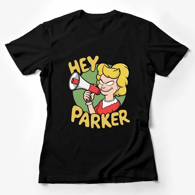 Hey Parker Cartoon Graphic T-Shirt, Funny Animated Character Tee, Casual Red and Yellow Shirt Female T-Shirt