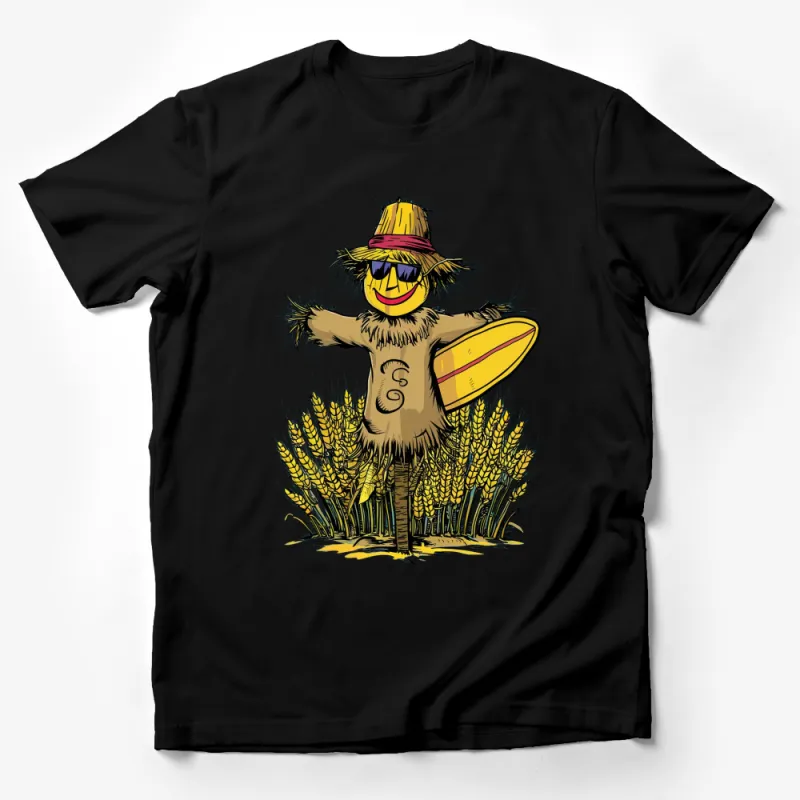 Scarecrow Surfing T-Shirt, Happy Scarecrow Cartoon with Surfboard, Unique Beach Style Summer Tee Male T-Shirt