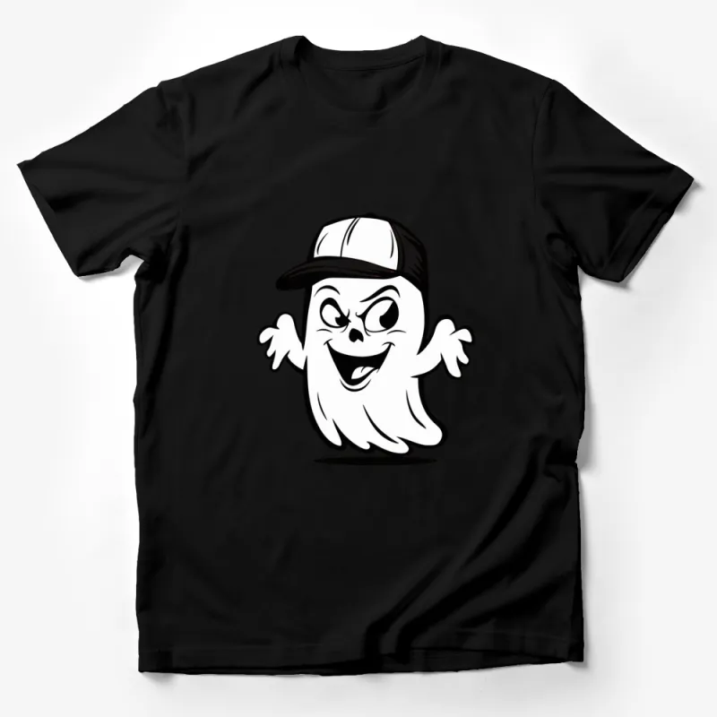 Playful Ghost Cartoon with Hat, Unique White on Black T-Shirt, Funny Spooky Apparel for All Ages Male T-Shirt