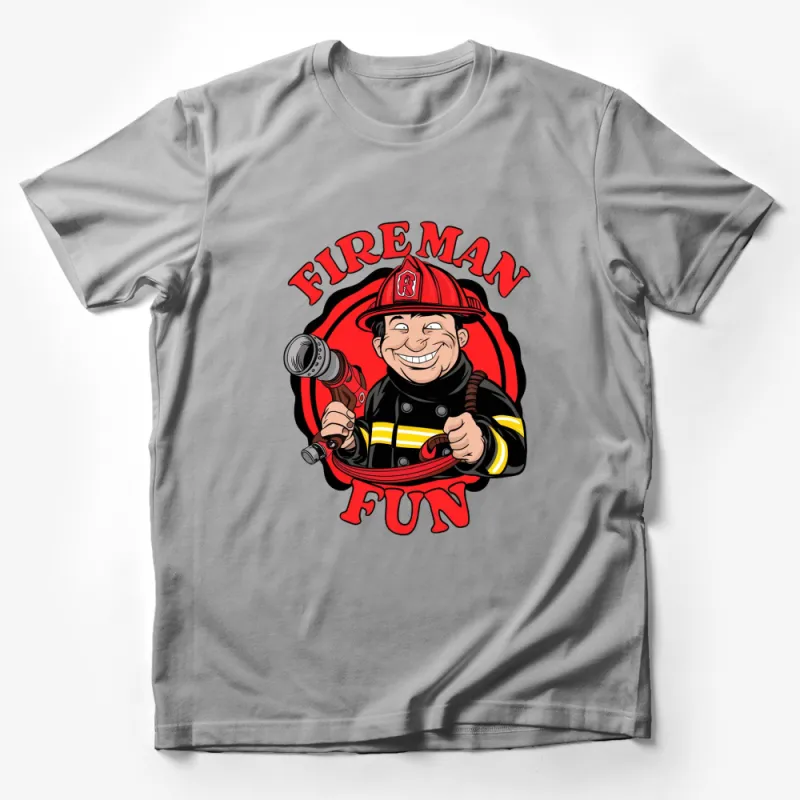 Fireman Fun Graphic T-Shirt, Red Firefighter Cartoon, Bold Fireman With Hose Design, Casual Wear Male T-Shirt