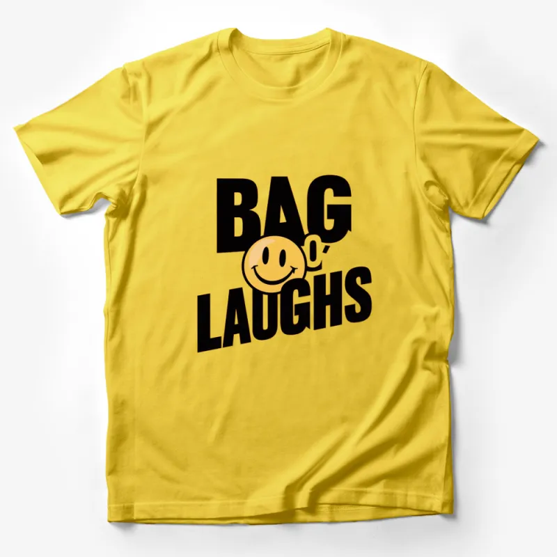 Bag of Laughs T-Shirt, Funny Quote Tee, Black and Yellow Graphic Shirt, Smile Face Male T-Shirt