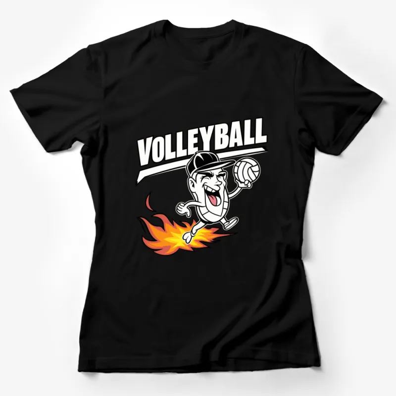 Volleyball Flaming Ball Cartoon Character T-Shirt, Sports Fan Apparel, Athletic Tee Female T-Shirt