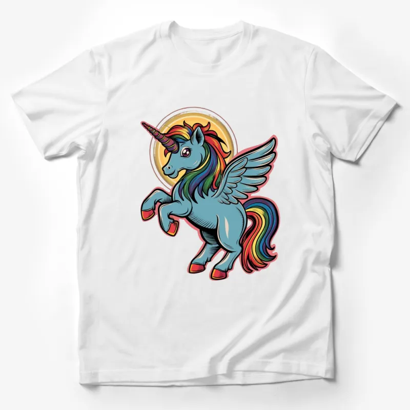 Vibrant Unicorn T-Shirt, Colorful Rainbow Wings, Kids Fantasy Apparel, Unique Magical Creature Graphic Tee, Comfortable Cotton Top Male T-Shirt