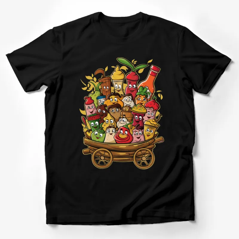 Cartoon Food Fiesta T-Shirt, Colorful Characters in a Wagon, Unisex Graphic Tee, Fun Foodie Gift, Casual Wear Male T-Shirt