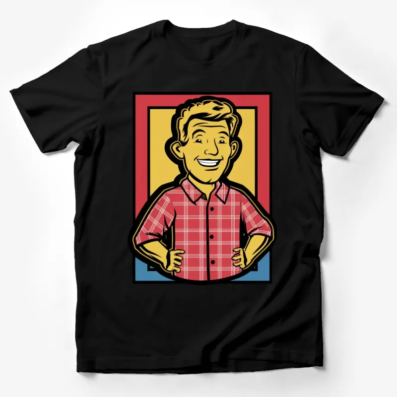 Vintage Cartoon Guy T-Shirt, Retro Style Cool Man Tee, Casual Checkered Shirt Design, Unique Graphic Unisex Top Male T-Shirt