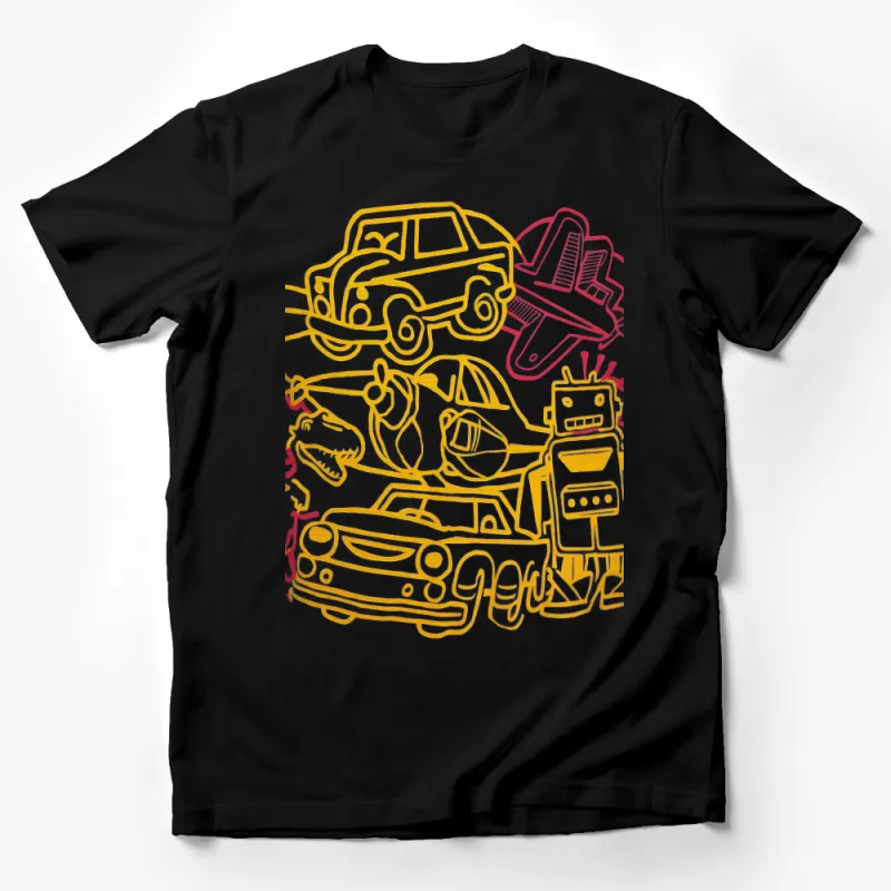 Retro Robot Dinosaur Car Print T-Shirt, Unisex Graphic Tee, Vintage Inspired Funky Design, Soft Cotton Top for All Ages Male T-Shirt