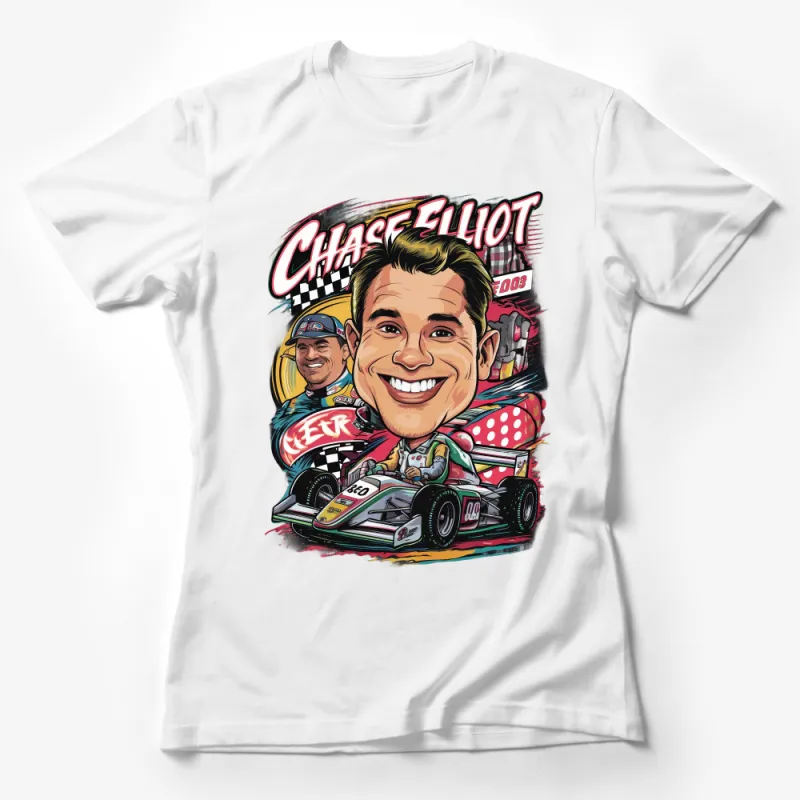 Chase Elliott Fan T-Shirt, Nascar Driver Caricature Tee, Racing Enthusiast Gift, Colorful Motorsport Illustration, Unisex Cotton Shirt Female T-Shirt