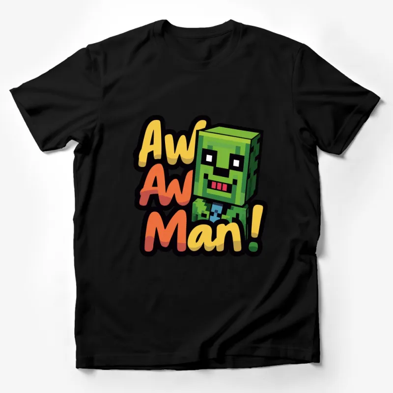 Pixelated Green Character T-Shirt, Funny Gaming Tee, Retro Video Game Shirt, Aw Man Creeper Quote Male T-Shirt