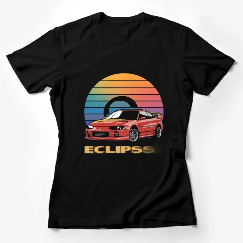 Retro Car T-Shirt, Vintage Eclipse Sports Car, Colorful Striped Background, Unisex Tee, Car Enthusiast Gift, Casual Wear, Cool Auto Design Female T-Shirt