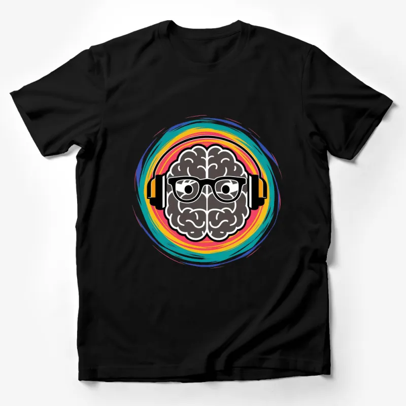 Brain with Glasses and Headphones T-Shirt, Colorful Brain Art Tee, Music Lover Geeky Apparel, Unisex Male T-Shirt