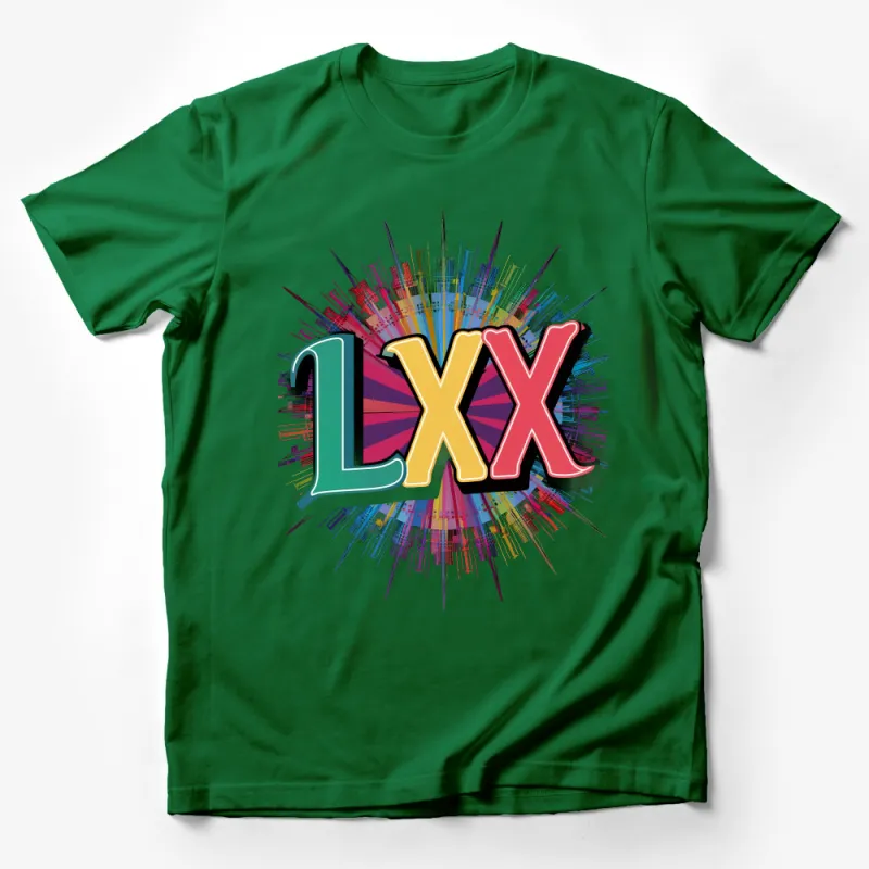 Urban Graffiti Style T-Shirt, Colorful Abstract LXX City Skyline Tee, Unique Artistic Graphic Design, Unisex Streetwear Male T-Shirt