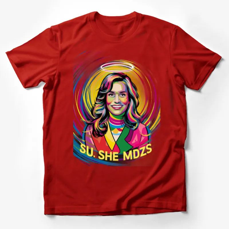 Colorful Pop Art Angel-Inspired Graphic Tee, Vibrant Women's Fashion, Unique Rainbow Halo T-Shirt Male T-Shirt