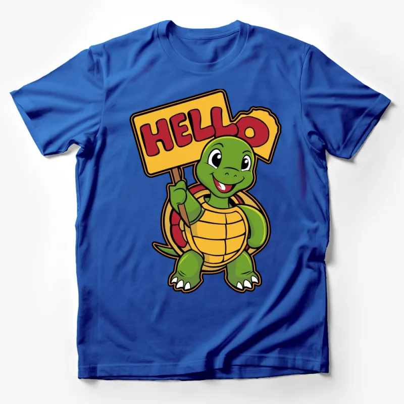 Friendly Turtle Cartoon Character Holding Hello Sign Graphic Unisex T-Shirt for All Ages Male T-Shirt