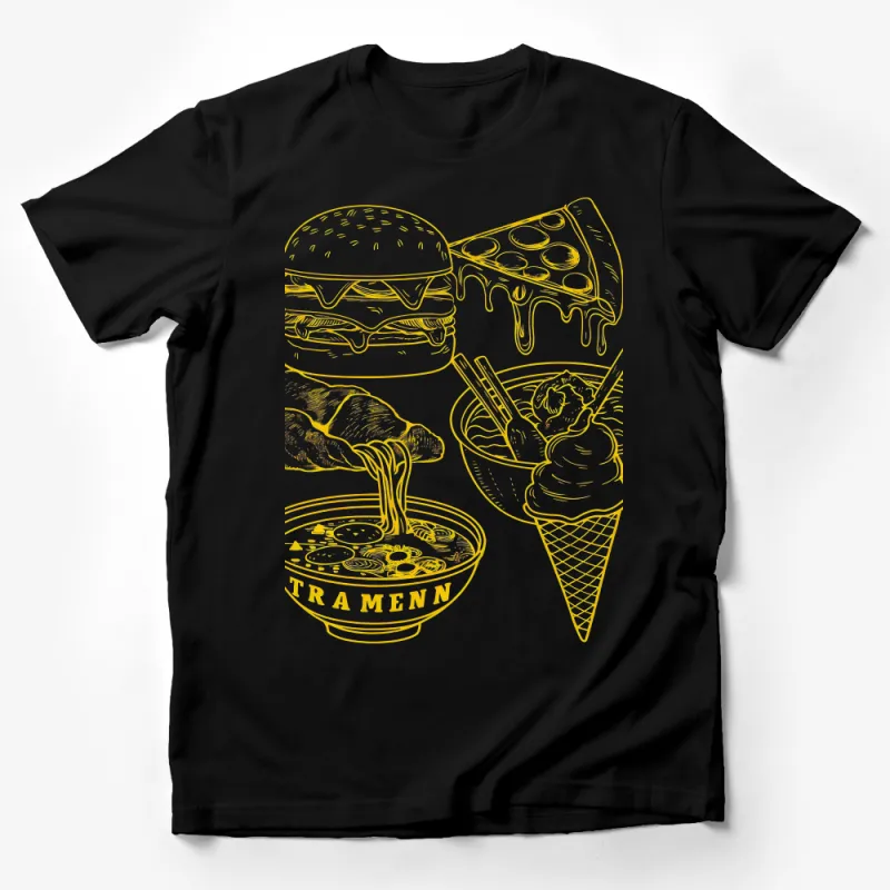 Food Lovers Graphic Tee, Burger Pizza Ice Cream Noodles Illustration T-Shirt, Unisex Comfortable Casual Wear, Foodie Gift Male T-Shirt