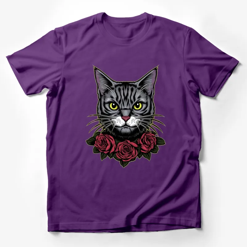 Black Cat and Roses Graphic Tee, Unique Feline Floral Print T-Shirt, Animal Lovers Casual Top, Unisex Shirt with Cat Design Male T-Shirt