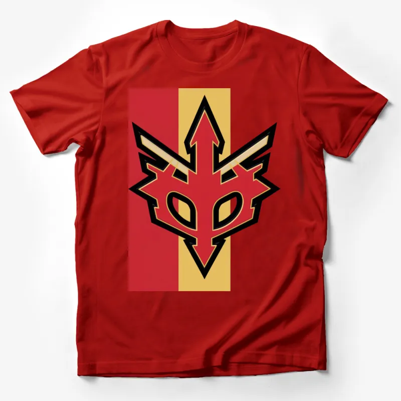 Abstract Tribal Mask T-Shirt, Bold Red and Yellow Graphic Tee, Unisex Casual Wear, Street Style Fashion Top, Gift Idea Male T-Shirt