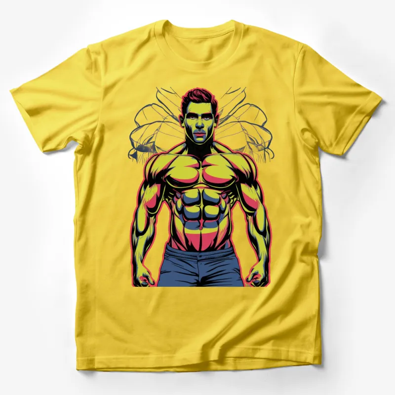 Colorful Superhero Graphic Tee, Bold Muscle Man T-Shirt, Comic Art Style Top, Vibrant Casual Wear, Unisex Male T-Shirt