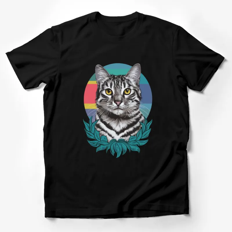 Colorful Cat T-Shirt, Retro Style Feline Graphic Tee, Unisex Cat Lover Shirt, Vintage Striped Cat Design, Casual Wear, Pet Enthusiast Gift Male T-Shirt