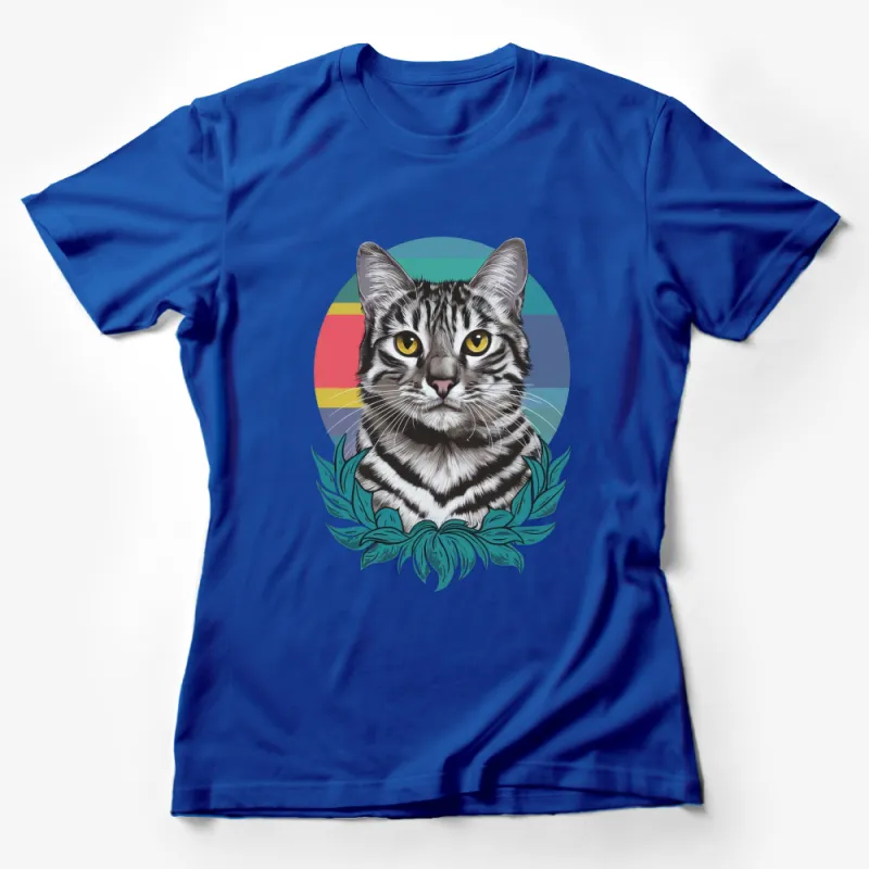 Colorful Cat T-Shirt, Retro Style Feline Graphic Tee, Unisex Cat Lover Shirt, Vintage Striped Cat Design, Casual Wear, Pet Enthusiast Gift Female T-Shirt