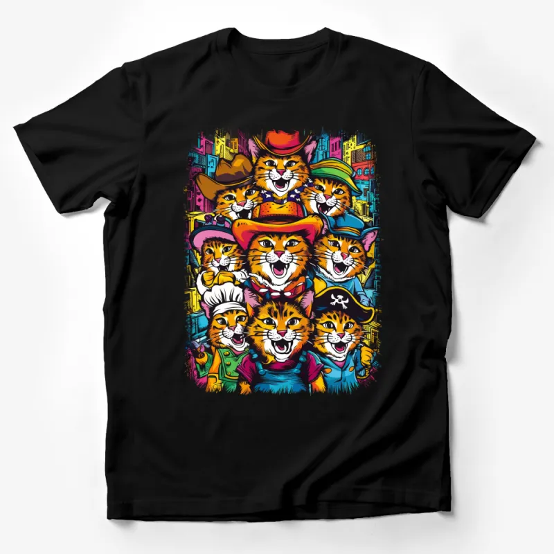 Colorful Cat Gang T-Shirt, Urban Feline Friends Graphic Tee, Whimsical Cat Lovers Unisex Shirt Male T-Shirt