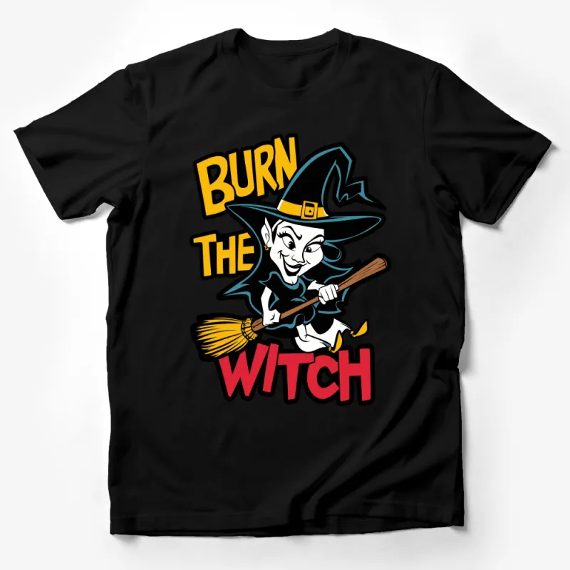 Burn The Witch Graphic Tee, Halloween Witch T-Shirt, Spooky Fun Casual Apparel, Witches Festive Top, Unisex Clothing Gift Male T-Shirt