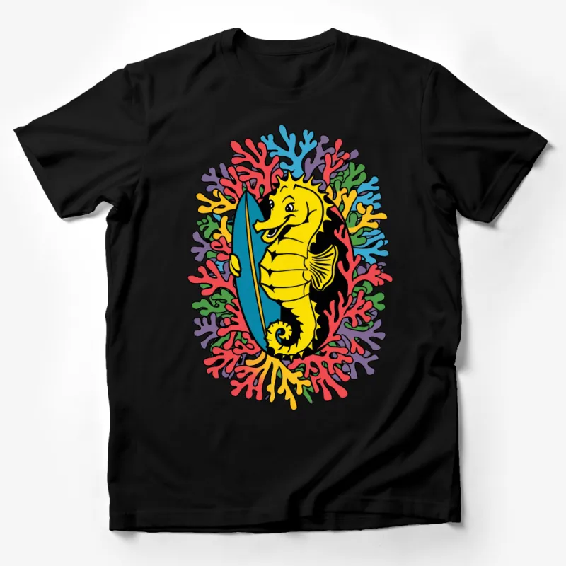 Colorful Seahorse Surfer T-Shirt, Ocean Life Graphic Tee, Unisex Beach Apparel, Summer Vacation Casual Wear Male T-Shirt