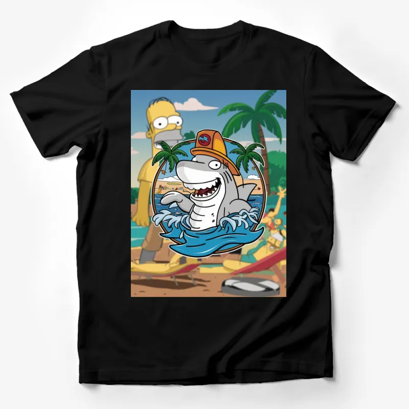 Animated Shark Graphic T-Shirt, Fun Shark Wave Design, Tropical Beach Scene Tee, Casual Cartoon Style Top for All Ages Male T-Shirt