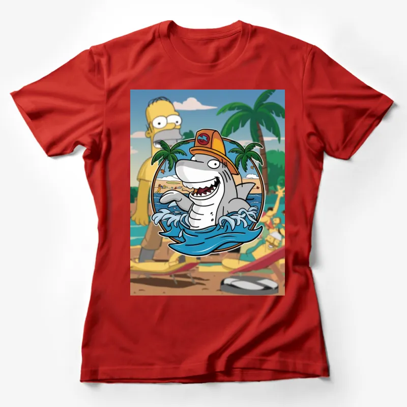 Animated Shark Graphic T-Shirt, Fun Shark Wave Design, Tropical Beach Scene Tee, Casual Cartoon Style Top for All Ages Female T-Shirt