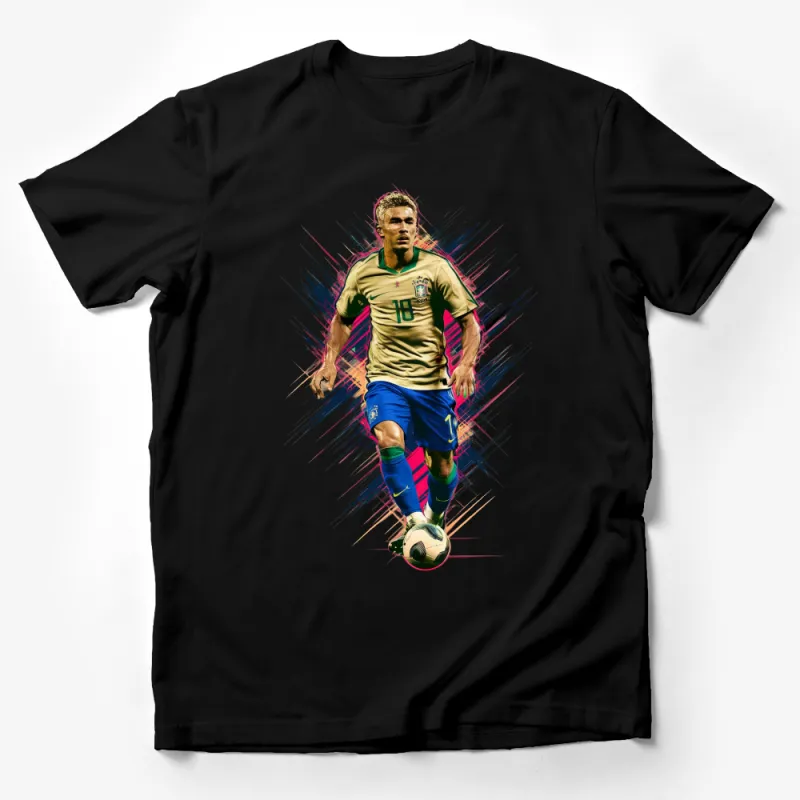 Dynamic Soccer Player T-Shirt, Vibrant Sports Illustration, Football Fan Apparel Male T-Shirt