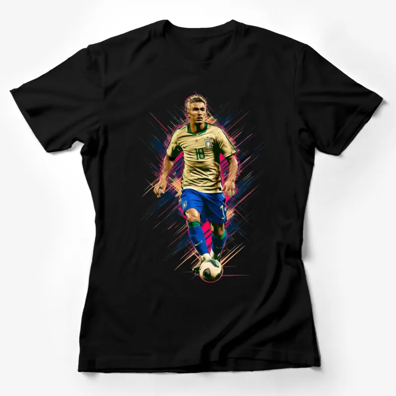 Dynamic Soccer Player T-Shirt, Vibrant Sports Illustration, Football Fan Apparel Female T-Shirt