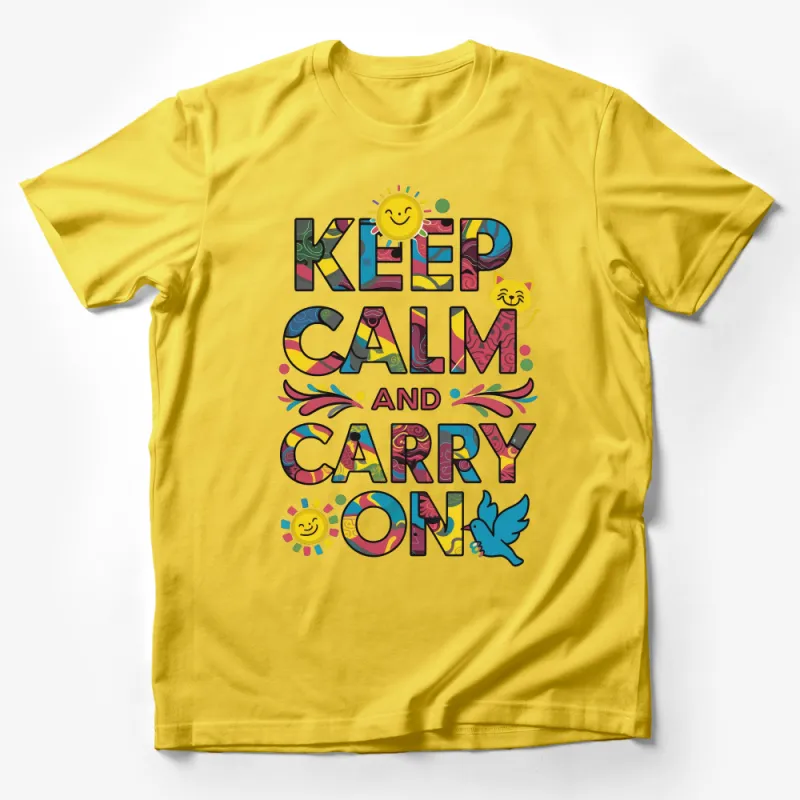 Colorful Keep Calm and Carry On Motivational Quote T-Shirt with Cute Icons Male T-Shirt