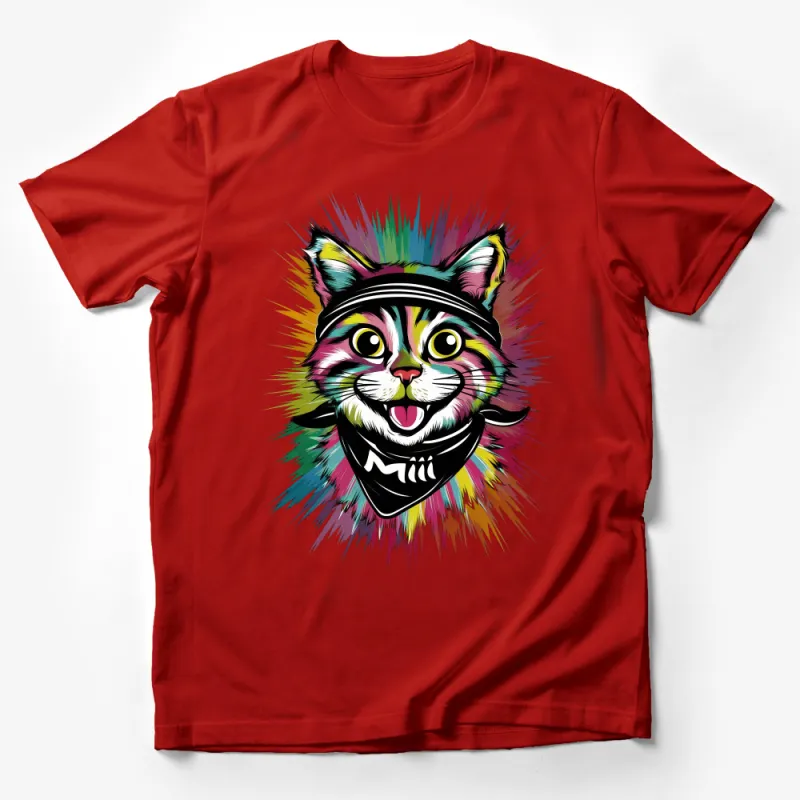 Colorful Cool Cat with Bandana and Headphones T-Shirt, Vibrant Feline Tee Male T-Shirt