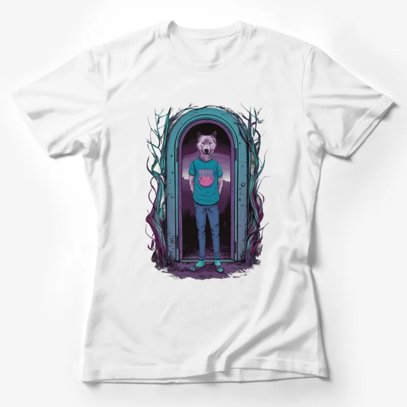 Unique Wolf Graphic Tee, Mystical Forest Doorway Design, Unisex T-Shirt, Fantasy Artwork Apparel, Nature Inspired Casual Wear Female T-Shirt