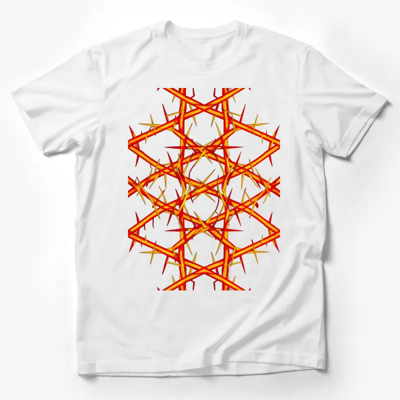 Abstract Red and Yellow Thorn Pattern T-Shirt, Unisex Graphic Tee, Artistic Print Casual Shirt, Unique Design Top, Gift Idea Male T-Shirt