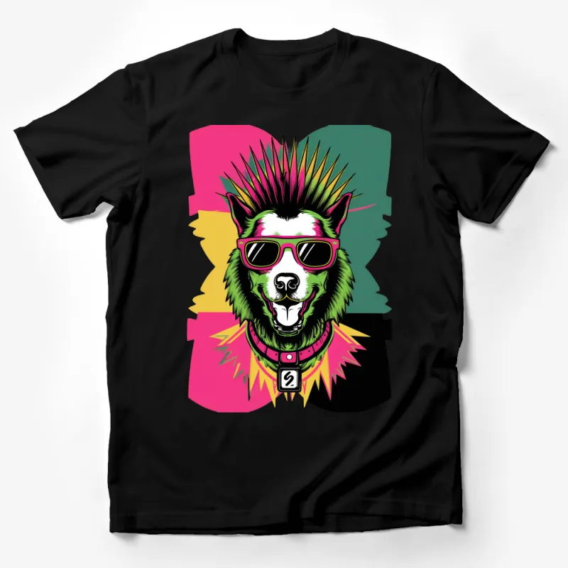 Colorful Punk Dog T-Shirt, Vibrant Pop Art Animal Tee, Hipster Dog with Sunglasses Fashion Top Male T-Shirt