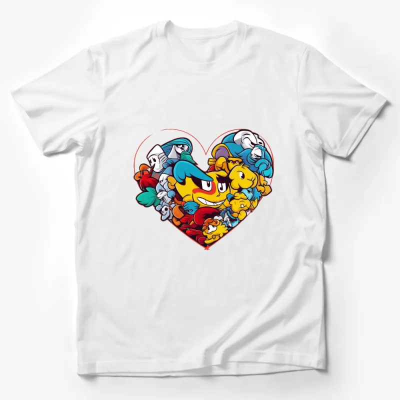 Colorful Cartoon Characters Love Heart T-Shirt, Cute Graphic Tee, Casual Unisex Shirt, Gift for Cartoon Fans Male T-Shirt