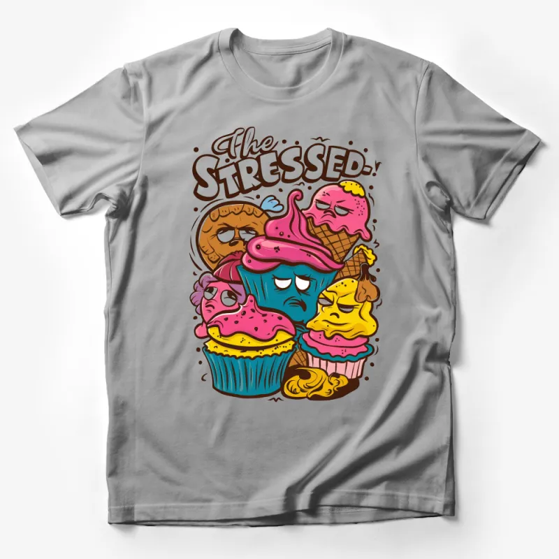 Funny Dessert Themed T-Shirt, Stressed Cupcakes Humor Tee, Graphic Ice Cream Meltdown Shirt, Unisex Clothing Male T-Shirt