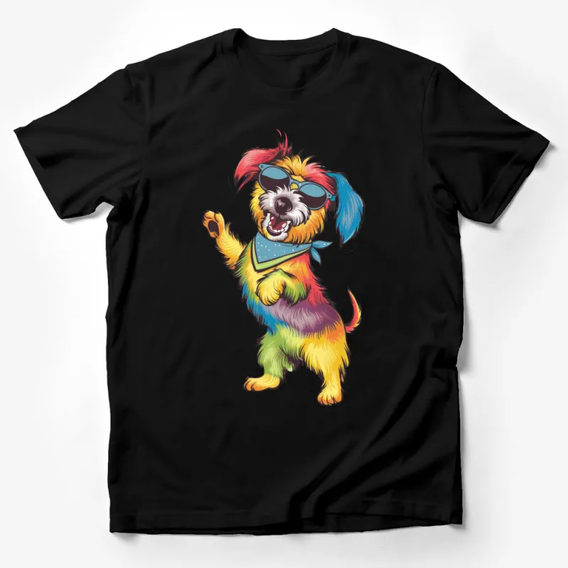 Colorful Cartoon Dog T-Shirt, Fun Dog Lover Gift, Cute Puppy With Sunglasses Graphic Tee, Unisex Casual Shirt for Pet Owners Male T-Shirt