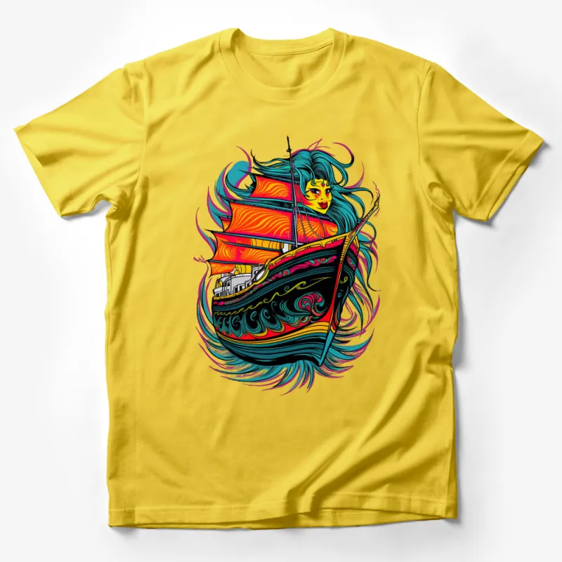 Colorful Mermaid and Sailing Ship Graphic Tee, Nautical Fantasy T-Shirt, Unisex Ocean Themed Apparel Male T-Shirt