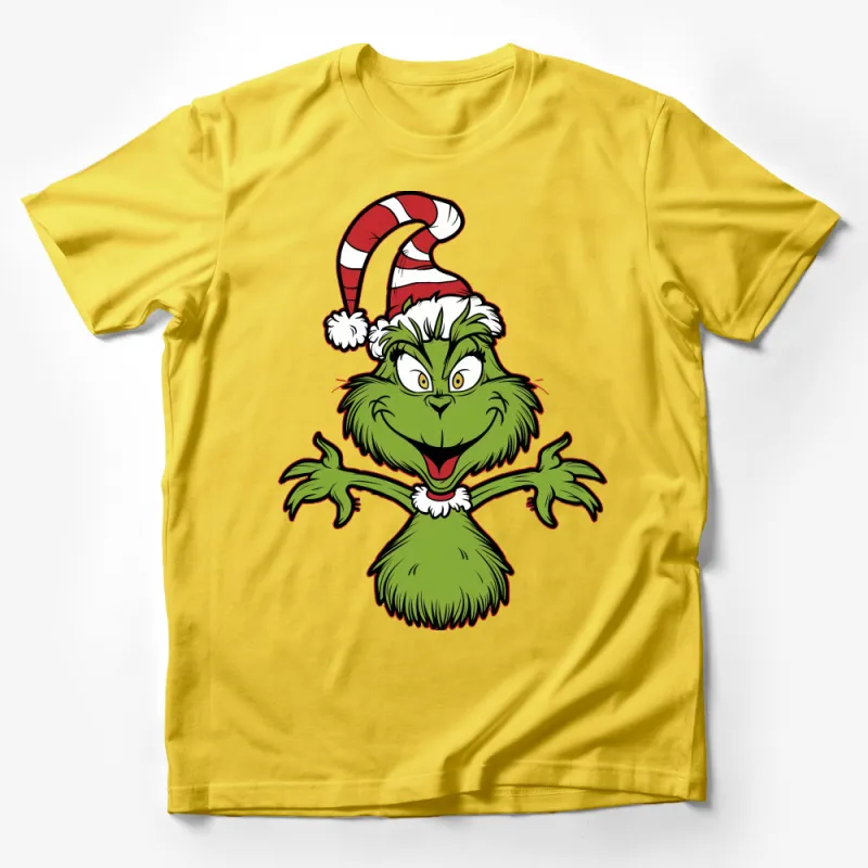 Whimsical Christmas Grinch T-Shirt, Funny Holiday Tee, Unisex Graphic Shirt, Festive Character Apparel, Santa Hat Design Male T-Shirt