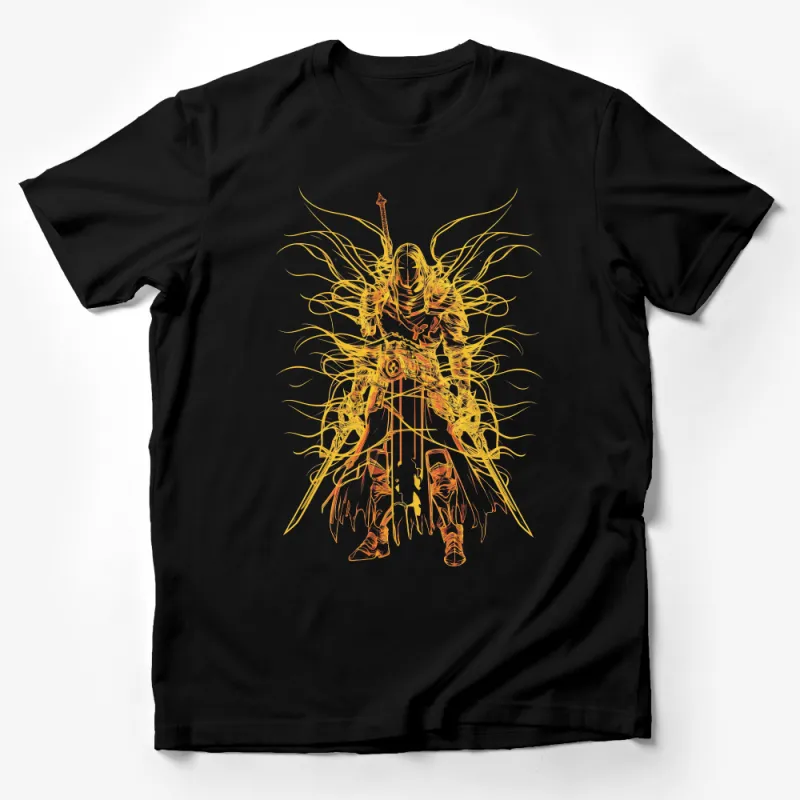 Unique Golden Warrior Illustration T-Shirt, Fantasy Art Armor Unisex Tee Male T-Shirt