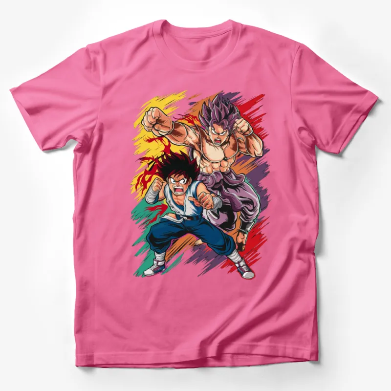 Anime Inspired Action T-Shirt, Dynamic Duo Artwork, Cartoon Fighter Tee, Bold Colors, Fan Apparel Male T-Shirt