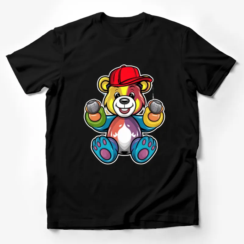 Colorful Bear Cartoon Graphic Tee, Hip Hop Style Bear T-Shirt, Unisex Streetwear Casual Shirt, Cool Animal Print Top for All Ages Male T-Shirt