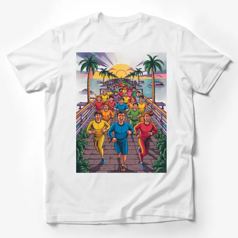 Vibrant Marathon Runners Sunset Beach Graphic T-Shirt, Unisex Running Tee, Athletic Sportswear, Casual Activewear Top Male T-Shirt