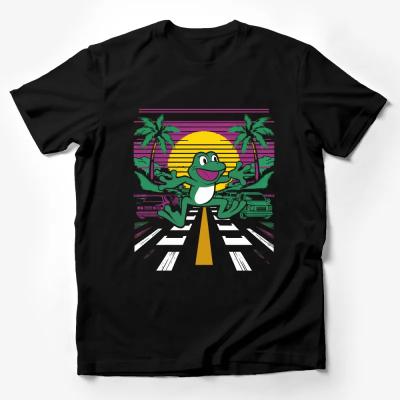 Retro Frog Graphic Tee, Vintage Style Sunset Palm Trees Car T-Shirt, Casual Streetwear, Unisex Summer Vibes Shirt Male T-Shirt