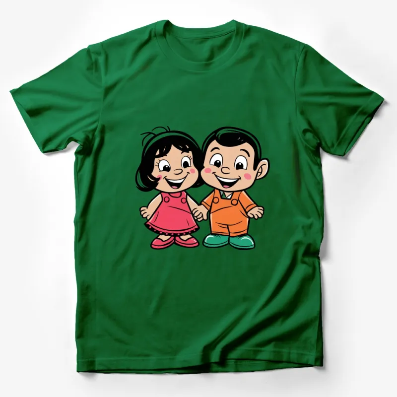 Cute Cartoon Sibling Duo Graphic Tee, Unisex Kids Casual Shirt, Playful Characters Top Male T-Shirt