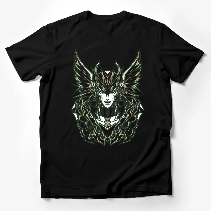 Unique Angelic Warrior Graphic T-Shirt, Intricate Winged Helmet Design, Fantasy Art Tee Male T-Shirt