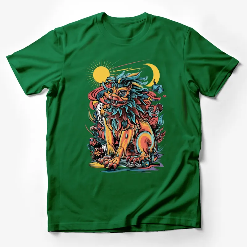 Vibrant Mythical Beast T-Shirt, Colorful Lion Graphic Tee, Japanese-Inspired Art Top, Sun and Moon Illustration, Unisex Casual Wear Male T-Shirt