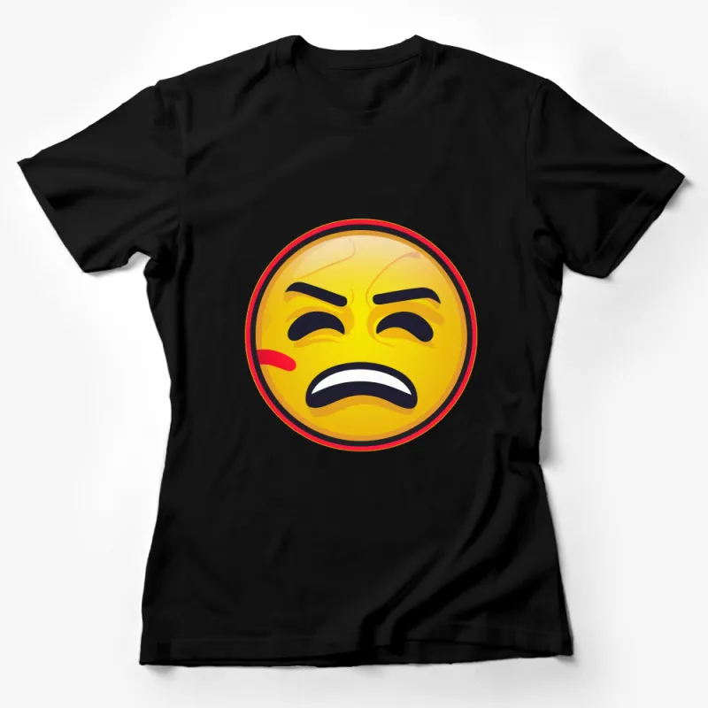 Angry Emoji Face T-Shirt, Funny Expression Tee, Unisex Graphic Shirt, Casual Emoji Top, Gift for Friend, Yellow Red Black Female T-Shirt